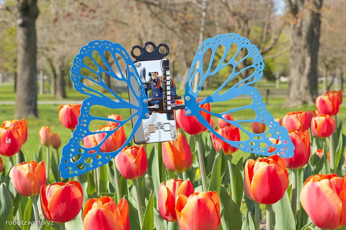 Robot Butterfly with blue wings floating above red-orange tulips
