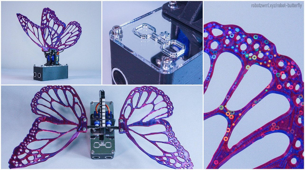 Collage of Robot Butterfly product photos, with a dazzling closeup of the wings too