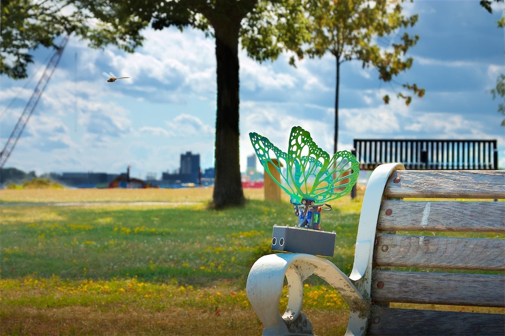 Robot Butterfly with green wings at a park with a dragonfly