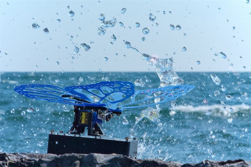 Robot Butterfly with blue wings in front of an epic water splash